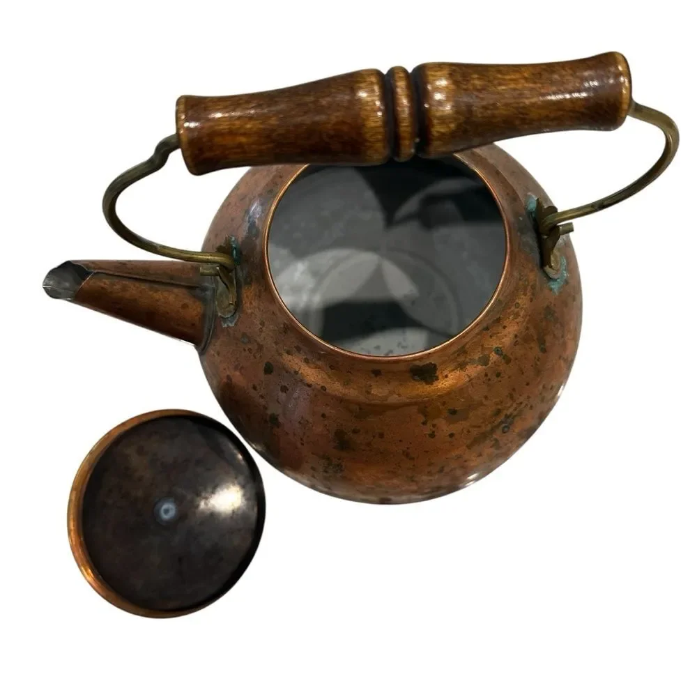 Vintage Copper Teapot with Wooden Handle